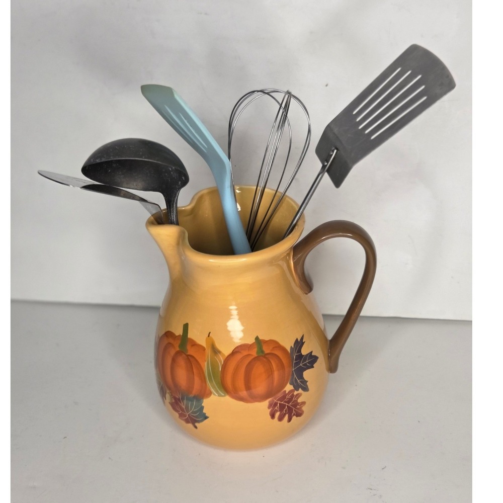 Harvest Ceramic Pumpkin Pitcher Fall Autumn Decor Utensil Holder Crock Vase - Picture 7 of 11